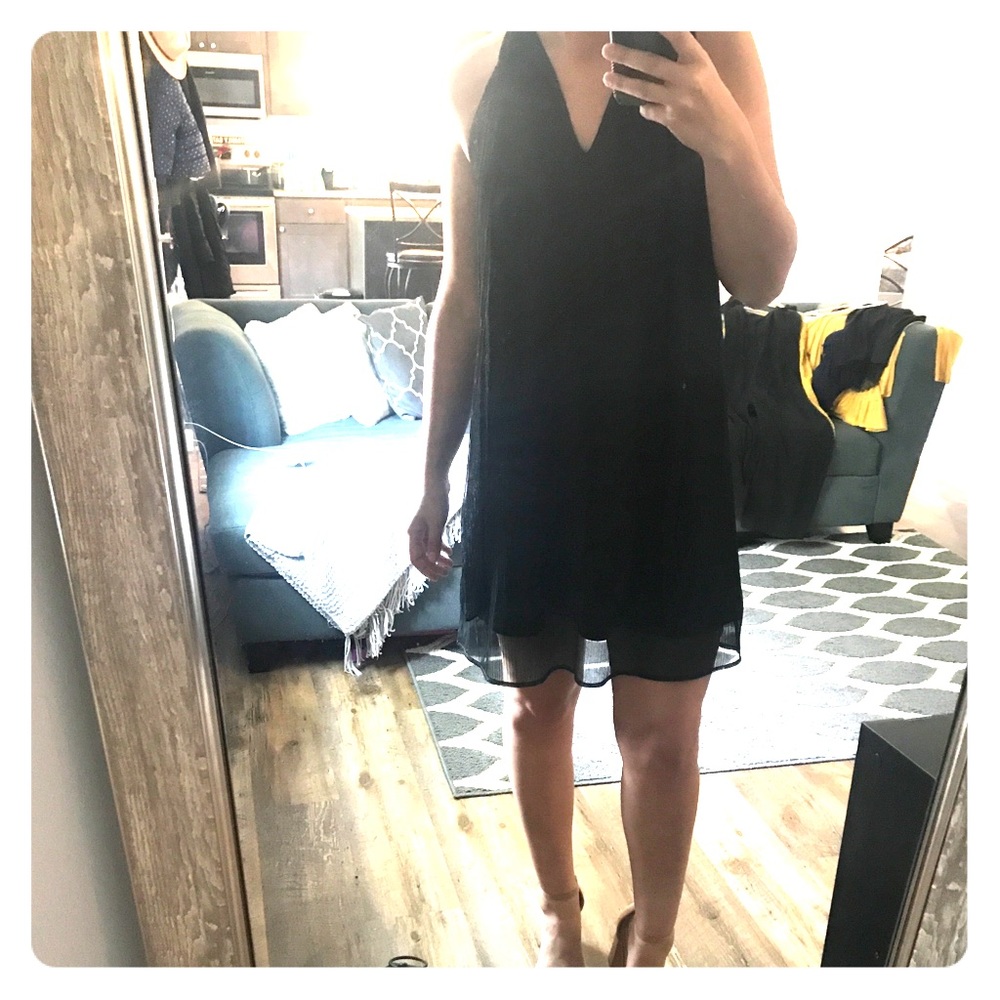 Tie Neck Black Mini Swing Dress